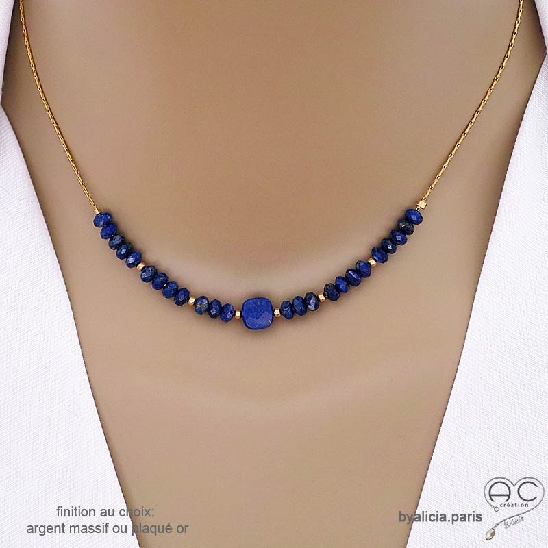 Collier bleu lapis-lazuli sur une chaîne fine en plaqué or ou argent, fait main, création by Alicia