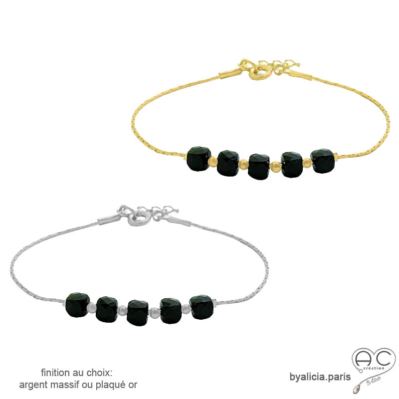 Bracelet spinelle noire cube sur une chaîne fine plaqué or ou argent, pierre naturelle, création by Alicia Bracelet spinelle noire cube sur une chaîne fine plaqué or ou argent, pierre naturelle, création by Alicia