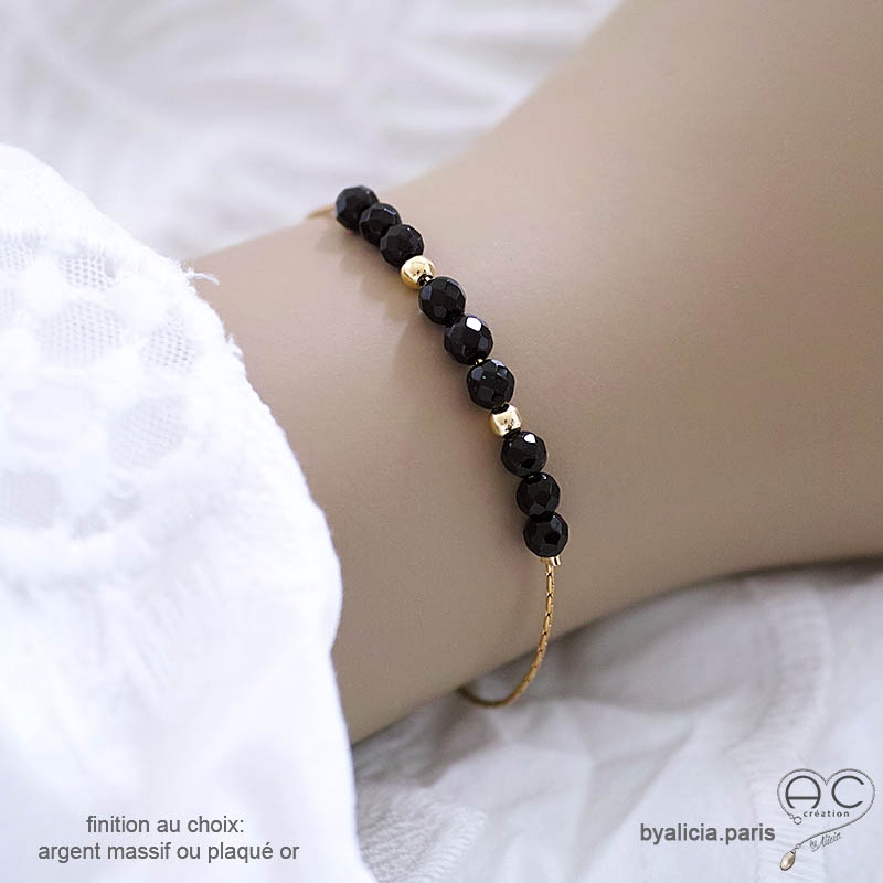 pierre naturelle agate noire bracelet femme en plaqué or ou argent fait sur mesure à la main en France pierre naturelle agate noire bracelet femme en plaqué or ou argent fait sur mesure à la main en France
