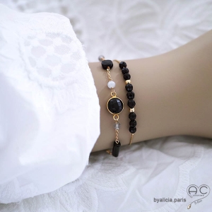 bracelets noires femme en plaqué or et pierres naturelles fait sur mesure en France