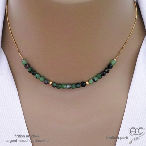 collier vert femme en pierre rubis zoïsite chaïne fine plaqué or ou argent fait sur mesure à la main en France