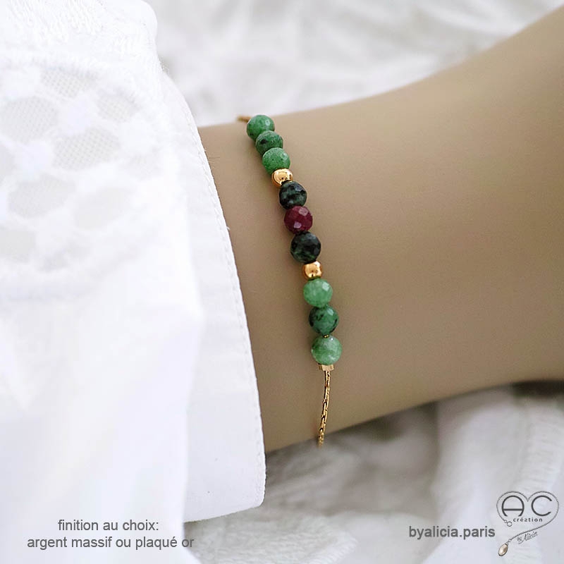 pierre naturelle verte rubis zoïsite bracelet femme en plaqué or ou argent fait sur mesure à la main en France