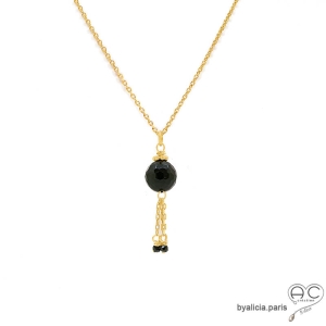 Collier ras de cou pendentif avec agate noire et pampille en chaînes plaqué or et spinelle noir fait main en France