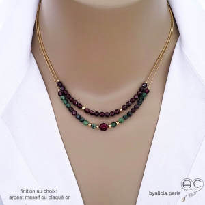 bijoux créateur collier ras de cou femme en pierres naturelles vertes et rouges et plaqué or fabriqué à la main en France