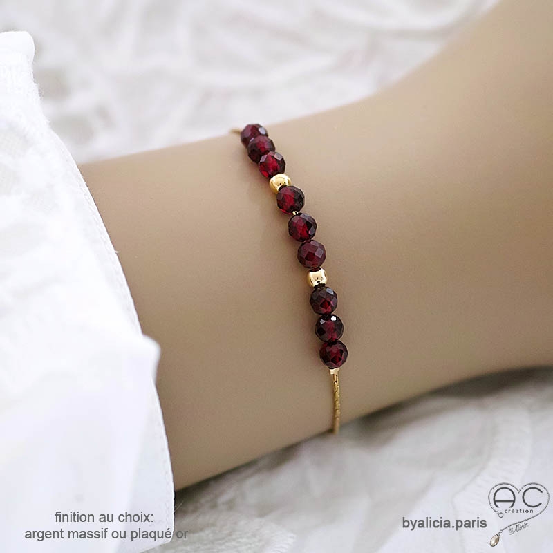 pierre naturelle rouge bordeaux grenat bracelet femme en plaqué or ou argent fait sur mesure à la main en France