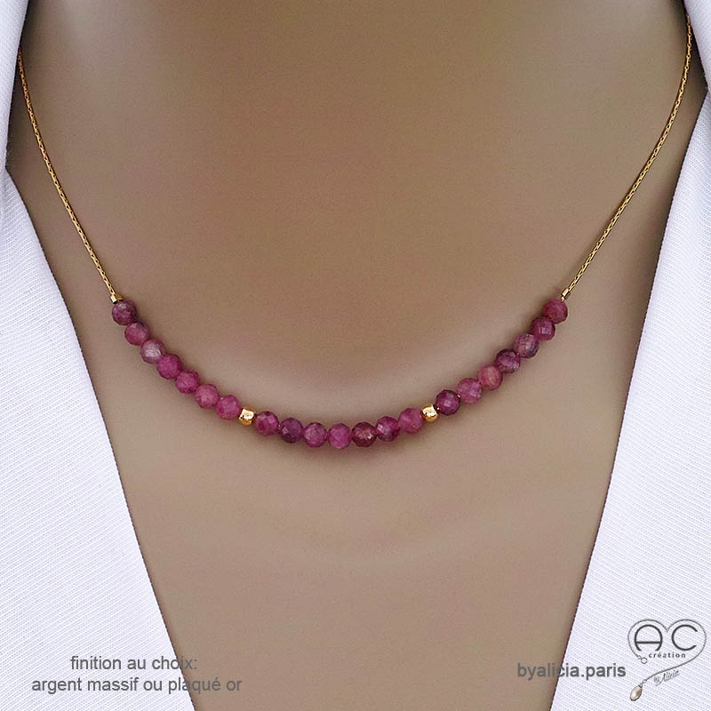 collier rose fushia femme en pierre tourmaline rose chaîne fine plaqué or ou argent fait sur mesure à la main en France