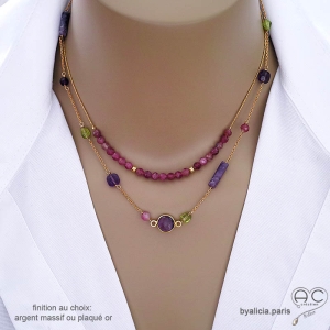 collier ras de cou femme en pierre semi-précieuse tourmaline rose fabriqué à la main sur mesure en France