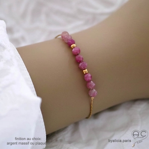 pierre naturelle rose tourmaline bracelet femme en plaqué or ou argent fait sur mesure à la main en France