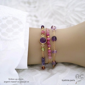 bracelets créateur pour femme en plaqué or et pierres semi-précieuses rose et violette fait sur mesure en France