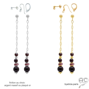 Boucles d'oreilles longues en grenat et tourmaline sur une chaîne fine, fait main, création by Alicia