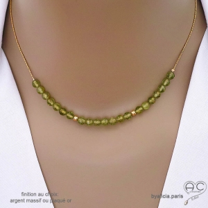 collier vert femme en pierre péridot chaîne fine plaqué or ou argent fait sur mesure à la main en France