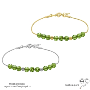 pierre naturelle verte péridot bracelet fin femme en plaqué or ou argent fait sur mesure à la main en France