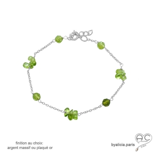 bracelet femme en chaîne fine argent avec pierre semi-précieuse verte péridot fait main en France