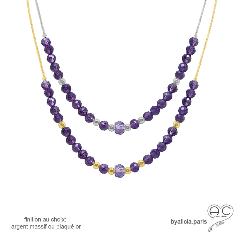 Collier violet femme ras de cou améthyste sur une chaîne en plaqué or ou argent, fait main, création by Alicia