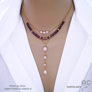 bijoux créateur collier ras de cou femme en pierres naturelles violettes améthyste et plaqué or fabriqué à la main en France