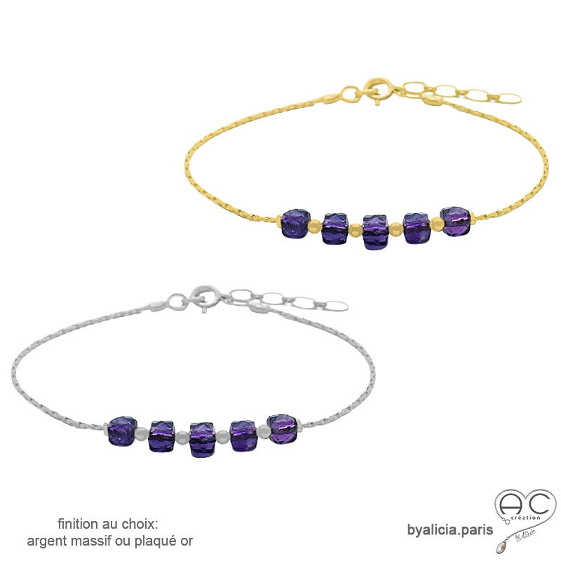 Bracelet améthyste, cube sur une chaîne fine plaqué or ou argent massif rhodié, fait main, création by Alicia Bracelet améthyste, cube sur une chaîne fine plaqué or ou argent massif rhodié, fait main, création by Alicia