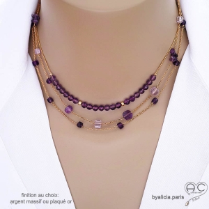 collier ras de cou femme en pierre semi-précieuse violette améthyste fabriqué à la main sur mesure en France