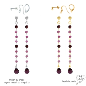 boucles d'oreilles longues femme plaqué or ou argent avec pierres grenats et tourmalines