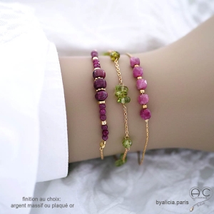 bracelets créateur pour femme en plaqué or et pierres semi-précieuses roses rubis et vertes fait sur mesure en France