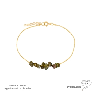 bracelet plaqué or avec tourmaline vert kaki sur une chaîne fine fait sur mesure à la main en France