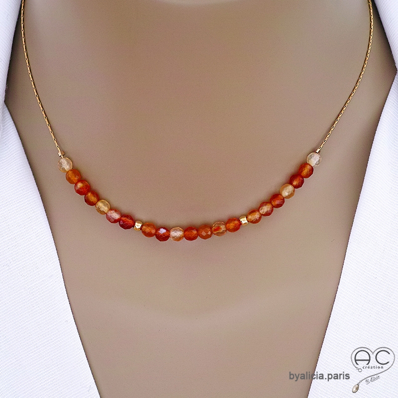 collier orange femme pierre agate feu sur une chaîne en plaqué or ou argent, fait main sur mesure