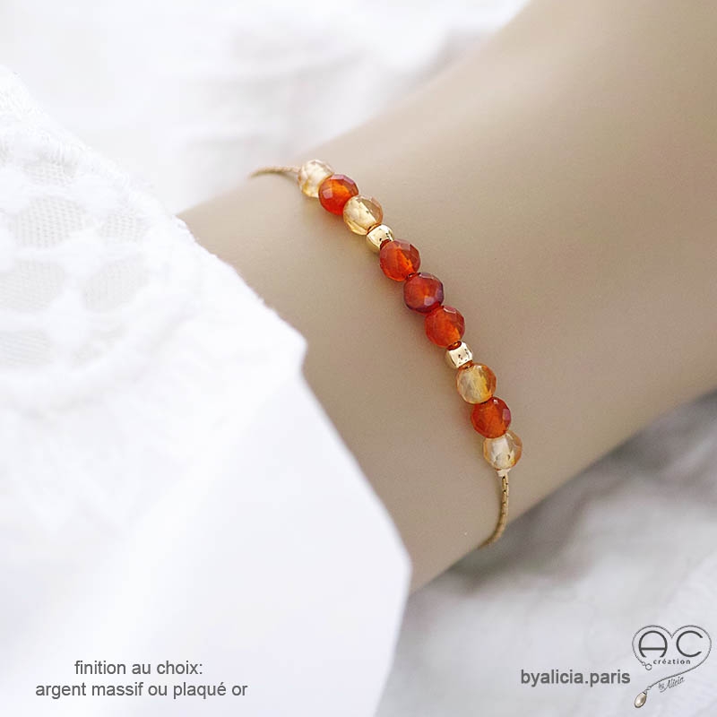 Bracelet orange femme agate feu sur une chaîne fine en plaqué or ou en argent, fait main, création by Alicia