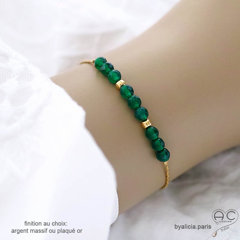 pierre naturelle verte onyx bracelet fin femme en plaqué or ou argent fait sur mesure à la main en France