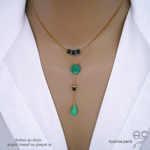 collier ras de cou femme en pierre semi-précieuse verte onyx vert fabriqué à la main sur mesure en France