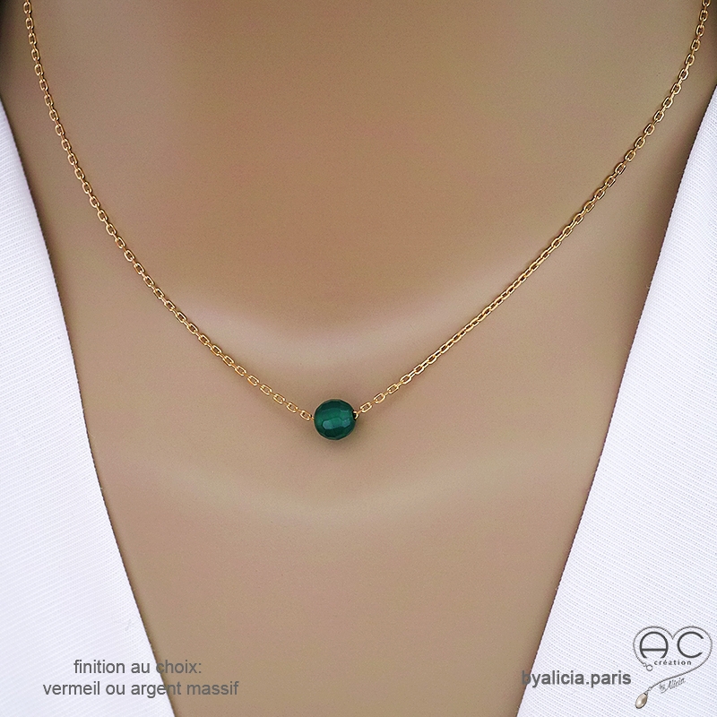 collier choker ras de cou vert femme en pierre onyx chaîne fine plaqué or ou argent fait sur mesure à la main en France