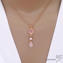 Collier, pendentif quartz rose et perle de culture rose, plaqué or, fait main, création by Alicia