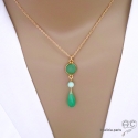 Collier, pendentif chrysoprase, plaqué or, pierre naturelle verte, fait main, création by Alicia