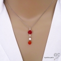 Collier, pendentif cornaline et agate blanche, argent massif, fait main, création by Alicia