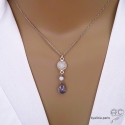 Collier, pendentif pierre de lune et saphir d\'eau, argent massif, fait main, création by Alicia