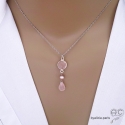 Collier, pendentif quartz rose et perle de culture rose, argent massif, fait main, création by Alicia