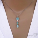Collier, pendentif amazonite et turqoise, argent massif, fait main, création by Alicia