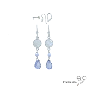 pierre de lune et iolite boucles d'oreilles argent pendantes fait main en France