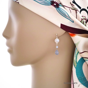 boucles d'oreilles blanches femme pierres semi-précieuses iolite, pierre de lune et argent fait main en France