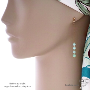 boucles d'oreilles vert menthe femme longues discréte fines pierre naturelle chrysoprase fait à la main sur mesure en France