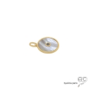 Pendentif médaille en nacre et brillant sertie clos, petite, ronde, plaqué or 3MIC, tendance, bohème