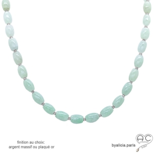 collier ras du cou vert clair en pierre semi-précieuse jade et argent réalisé a la main en France