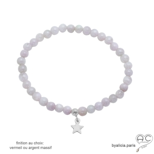 bracelet violet clair femme en pierre kunzite sur élastique avec pampille étoile argent fait main