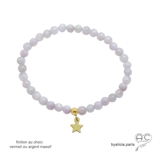 bracelet violet clair femme en pierre kunzite sur élastique avec pampille étoile vermeil fait main