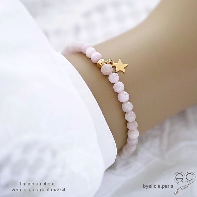Bracelet fin kunzite, vermeil ou argent, pierre semi-précieuse avec pampille étoile, fait main Bracelet fin kunzite, vermeil ou argent, pierre semi-précieuse avec pampille étoile, fait main