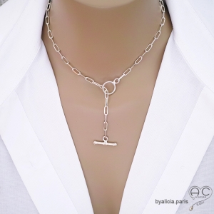 grande chaine en argent massif avec grand fermoir à bascule collier cravate réalisé sur mesure
