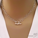 Collier, sautoir, chaîne argent massif grands maillons martelé et lisse avec fermoir toggle, création by Alicia