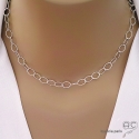 Collier, sautoir, chaîne argent massif grands maillons martelés et lisses, création by Alicia