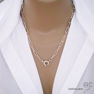 collier ras du cou en grosse chaîne argent massif avec fermoir grands anneau ressort