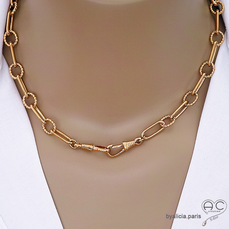 Collier, sautoir ALAE-F2 chaîne gros maillons avec deux grands fermoirs crochets allongés  en plaqué or, création by Alicia