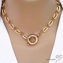 Collier, sautoir, chaîne plaqué or gros maillons avec grand fermoir anneau marin, création by Alicia