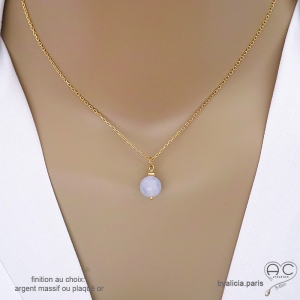 ras de cou bleu femme avec pendentif  en calcédoine bleue, chaîne fine plaqué or ou argent fait sur mesure à la main en France